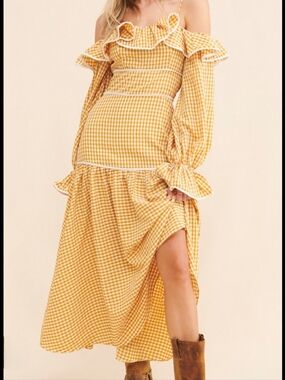 Keepsake Yellow Gingham Off-Shoulder Ruffle Maxi Dress
